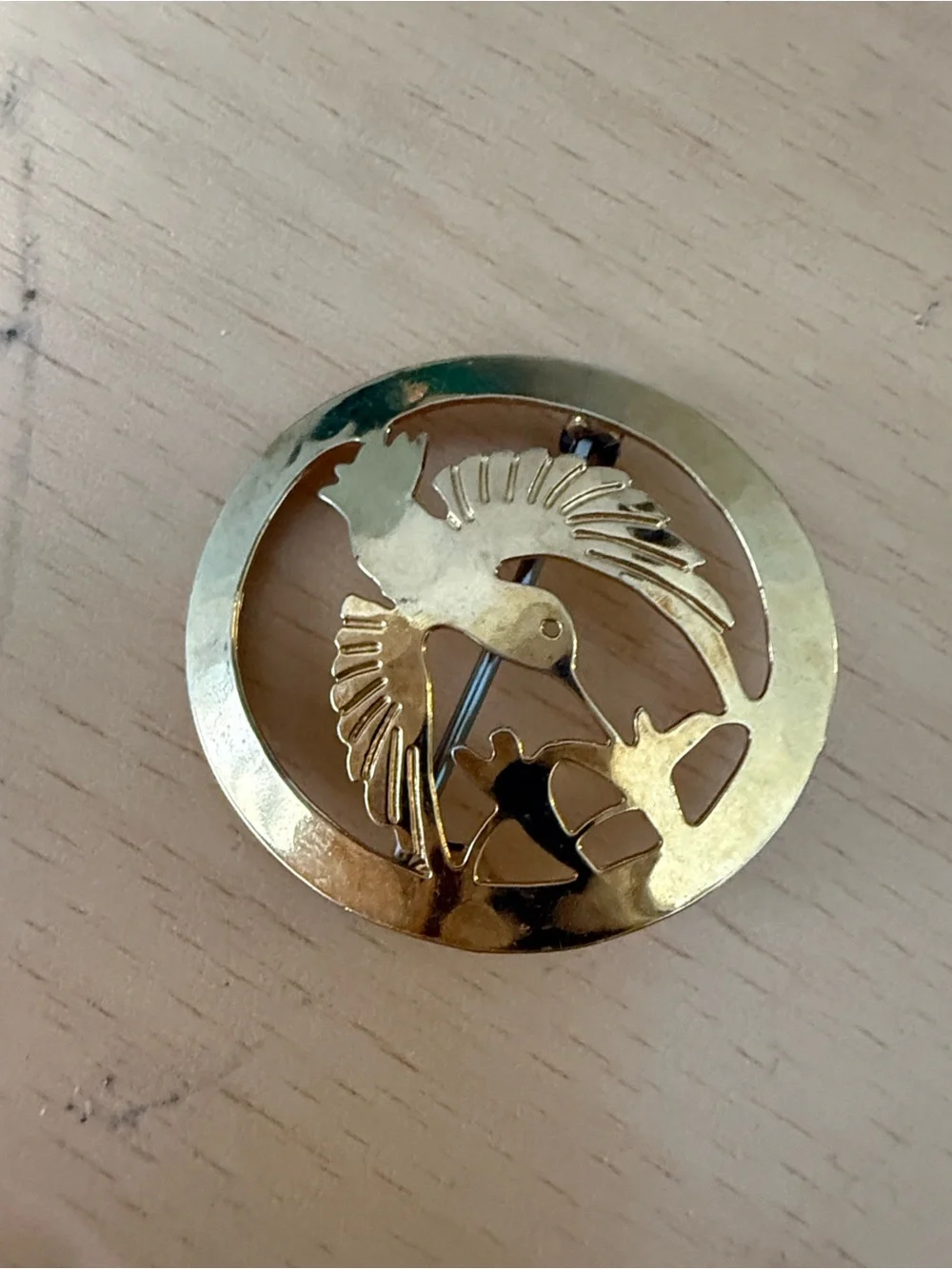 Gold Hummingbird Circular Bird Pin Brooch - Gold